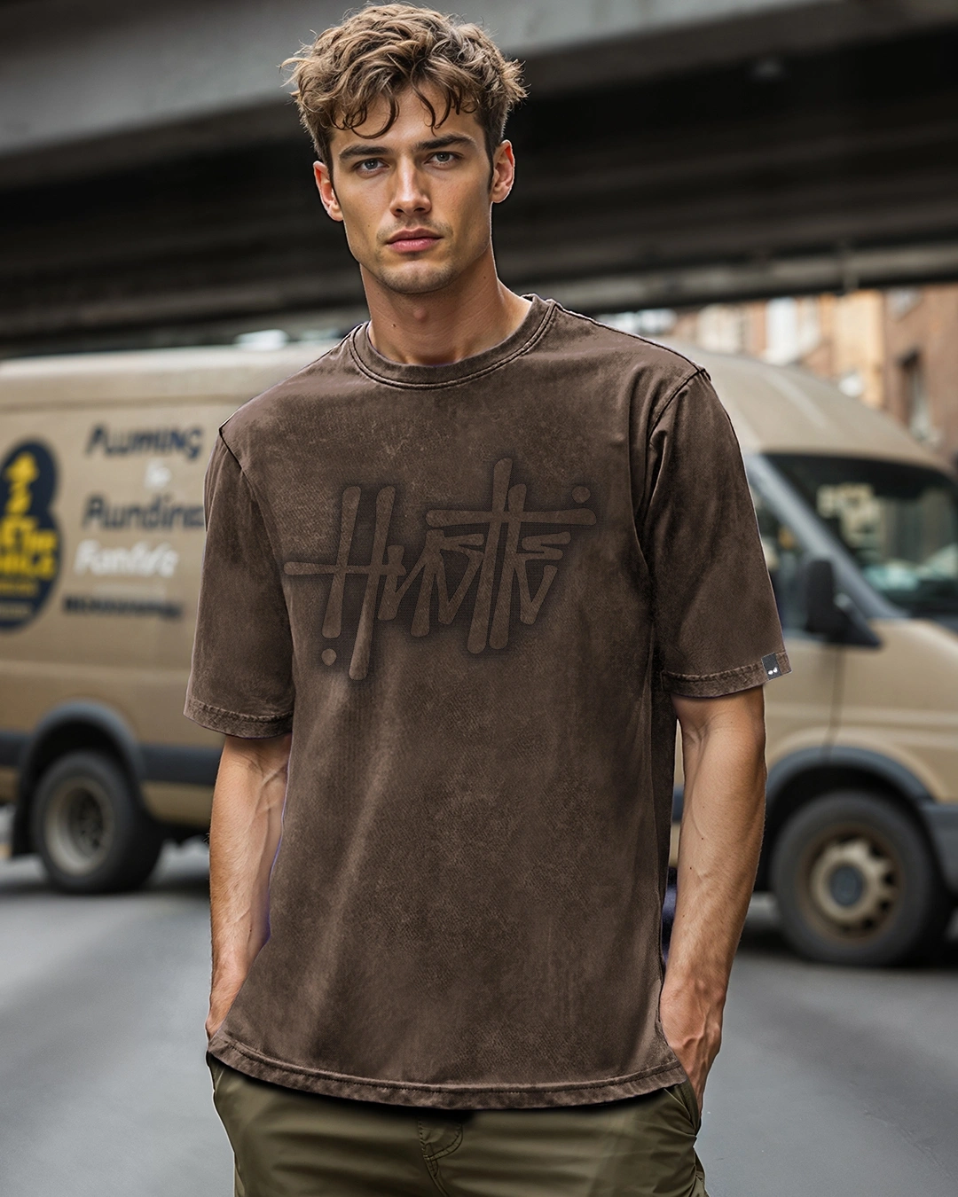 Men S Brown Hustle Graphic Printed Oversized Acid Wash T Shirt 677537 1747462579 1