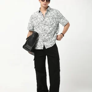men's light grey all over printed oversized shirt