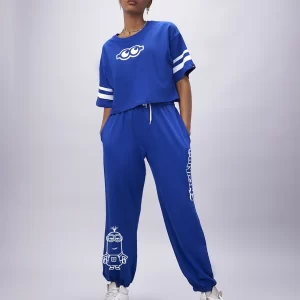 women's blue minion blue cord graphic printed oversized co ord set