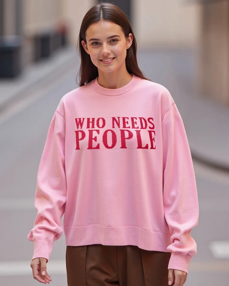 women's pink who needs people typography super loose fit sweater
